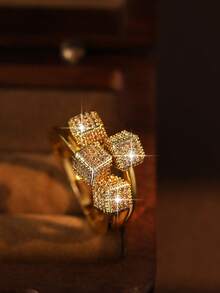 jealous young 1pc Luxury Four Square Shape Cubic Zirconia Women Rings,Fashion Unique Geometry Copper Ring,Suitable Daily Wear,Engagement/Wedding Banquets - Yellow Gold - View 4