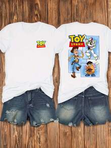Disney Circle To Print Toy Story, Front And Back Prints, Soft And Elastic Casual Short Sleeved Top, Fashionable Short Sleeved Round Neck T-Shirt, Women's Clothing - 白色 - 查看 1