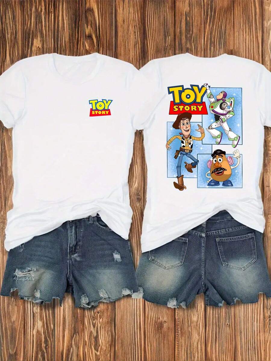Disney Circle To Print Toy Story, Front And Back Prints, Soft And Elastic Casual Short Sleeved Top, Fashionable Short Sleeved Round Neck T-Shirt, Women's Clothing - 白色 - 查看 1