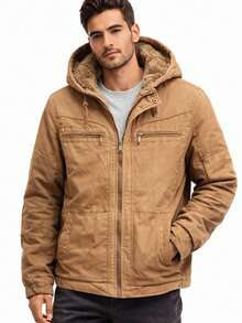 Men's Twill Jacket, Fully Lined With Faux Fur, With A Removable Hood. - Camel - View 6
