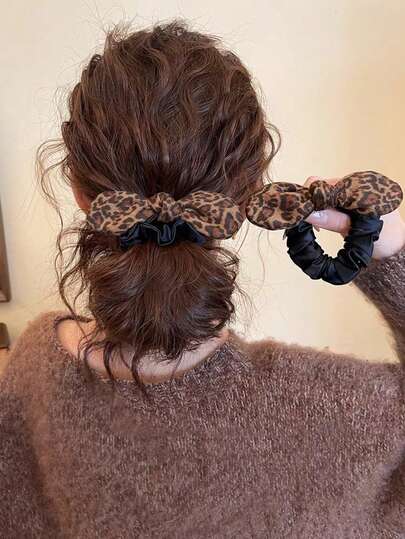 豹纹蝴蝶结发圈，适合扎马尾辫、发髻，多功能发饰