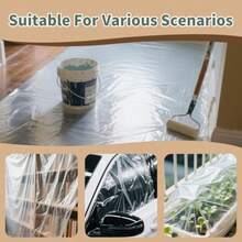 Paquete de 10 paños de caída para pintores 9 x 12 pies tela de plástico tranrente impermeable a prueba de polvo y reente al desgarro para mueb cubia de sofá - Transparente - Ver 4