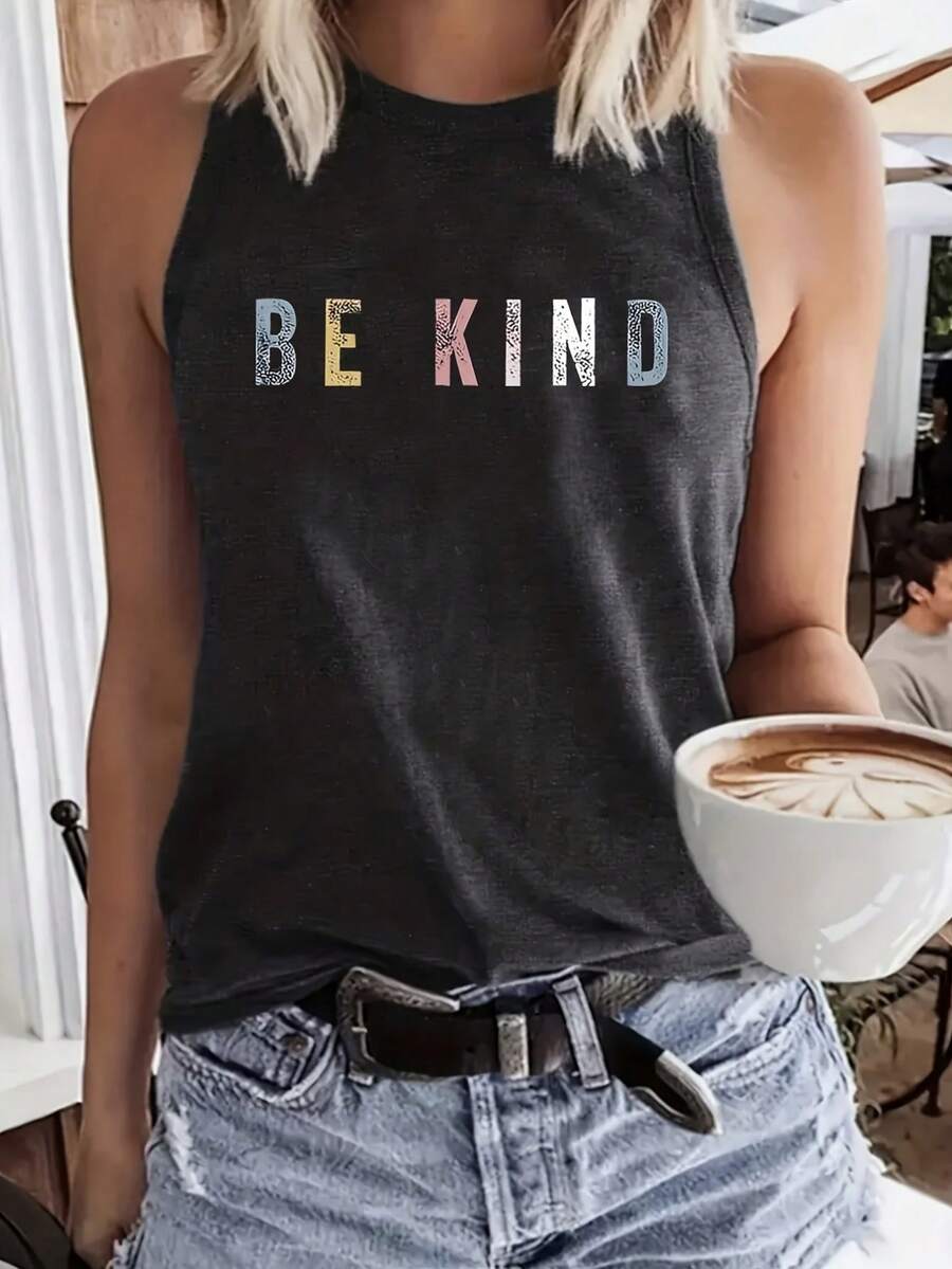 Printed Fashion Tank Top, Crew Neck Sleeveless Tank Top T-Shirt, Women's Swear. - 灰色 - 查看 1