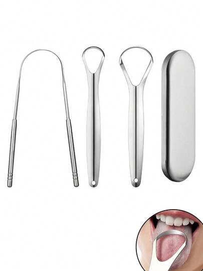 3pcs Stainless Steel Tongue Scraper Set, For Removing Tongue Coating & Reducing Bad Breath, Oral Hygiene Tool, Easy To Use Oral Cleaning Kit