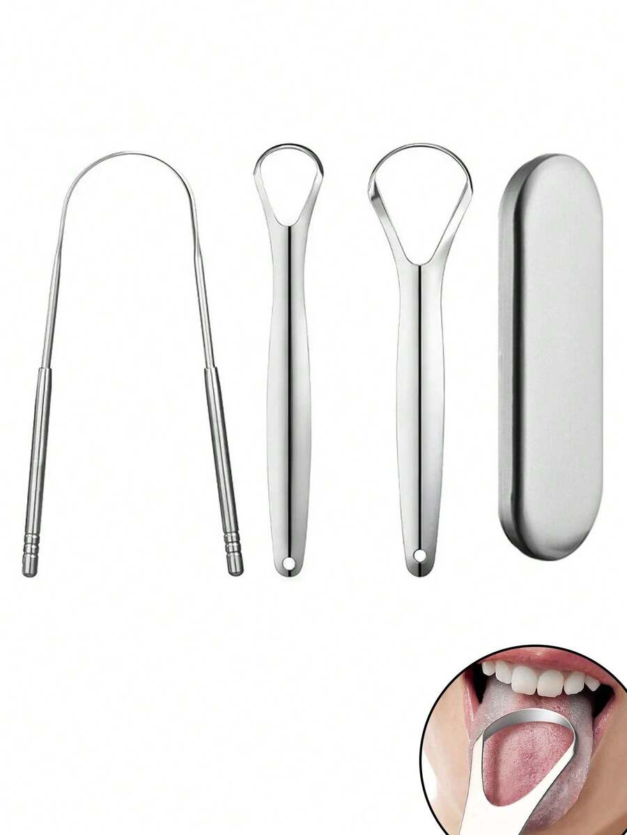 3pcs Stainless Steel Tongue Scraper Set, For Removing Tongue Coating & Reducing Bad Breath, Oral Hygiene Tool, Easy To Use Oral Cleaning Kit - Silver - View 1