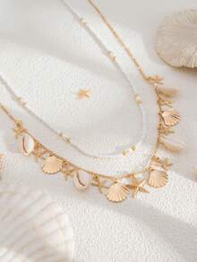 2pcs Bohemian Faux Pearl Pearl, Shell, Starfish Pendant Waist Chain Set, Suitable For Beach, Vacation, Casual Wear - Gold - View 5