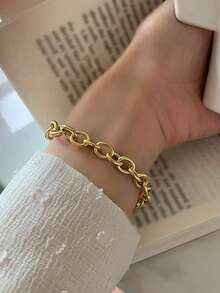 1pc Women's Bracelet, Waterproof Beach Vacation Layered Punk Hollow Stainless Steel Chain Bracelet, Daily Accessory Gift (Chain Links And Beads Quantity Random) - Yellow Gold - View 3