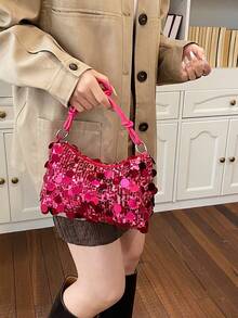 1 pieza Bolso de hombro con forma de media luna de PVC con lentejuelas color rosa rojo para mujer - Rosa Fucsia - Ver 6