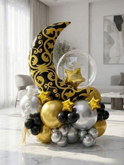 37件套宰牲节装饰气球，包括黑金新月铝箔气球、18英寸透明泡泡气球、10英寸和5英寸金色星星气球、10英寸银/黑/金乳胶气球，非常适合开斋节、家庭聚会、派对和庆祝活动。