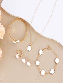 Set de 6 piezas de joyería de mujer de moda - Diseño de flor de trébol de la suerte, incluye collar, pulsera, brazalete, anillo, pendientes - Multicolor - Ver 7