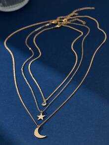三件套简约叠戴项链，包括铜质星星、月亮、圆形边框和锆石，适合女性日常佩戴和派对场合。 - 金黃色 - 查看 8