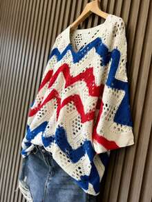 Sweater Rajut Cetak 3D Modis untuk Wanita, Cocok untuk Liburan Musim Panas - Biru - View 4