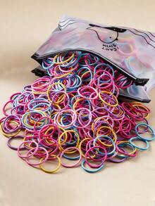 100 piezas/paquete Lazos de pelo coloridos para niñas, suaves con el cabello, alta elasticidad, tamaño pulgar - Multicolor - Ver 2