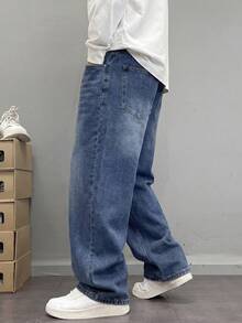 男士宽松阔腿水洗蓝色牛仔裤，休闲街头风格，四季皆宜 - 藍色 - 查看 4