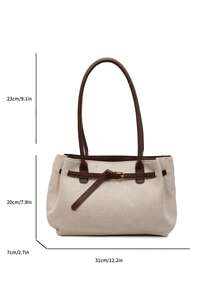 女士时尚大容量编织帆布搭扣单肩手提包 - 咖啡 - 查看 5