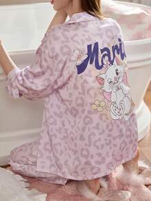 Gongdie 2pcs Disney Marie Cat Spring Long Sleeve Sleepwear Set, 100% Cotton Cartoon Purple Leopard Print Loungewear - Mauve Purple - View 4