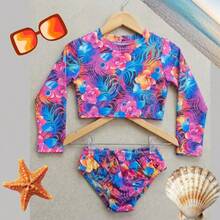 Children's And Teen Bikini Set + Long-Sleeved Top With Mermaid Print, UV Protection, Beachwear - 藍色花卉 - 查看 2