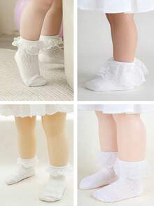 3 Pairs Random Floral Lace White Socks, Floral Embroidery Mesh Ruffle Trim Princess Socks, Elegant High-End Student Socks - White - View 10