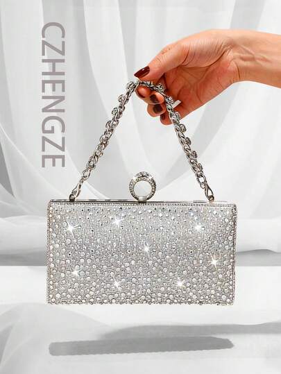 1pc Rhinestone Decorated Shiny Box Clutch Bag, With Jeweled Metal Chain, Perfect For Weddings, Parties, Galas, Evenings, Birthdays, Valentine's Day, Gatherings, Can Be Used As Shoulder Bag, Handbag, Clutch, Cosmetic Bag