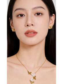 Bộ 3 món trang sức thép không gỉ vàng, vòng cổ và hoa tai hình tròn đính đá Cubic Zirconia mạ vàng, phụ kiện thép titan, phong cách thời trang cổ điển Pháp đa năng, phù hợp để đeo hàng ngày, đi làm, dạo phố, tiệc tùng, ngày lễ (Bao bì túi OPP) - Vàng - Xem 8