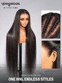 MEGALOOK 13x6 Lace Front Wig, Silky Straight Human Hair, Transparent Lace, 3-Parting, 36 Inch Natural Black, Drawstring Design, 36 Inch Natural Look, Suitable For Daily Wear, Office, Halloween - SNatural - View 8