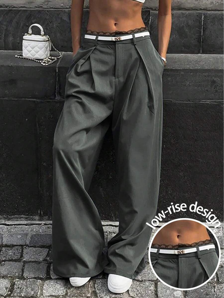 春夏新款时尚街头风蕾丝腰带宽松直筒条纹女裤，优雅正式通勤装，千禧年风格，夏季派对沙滩装，女士夏季装，新年装，情人节装