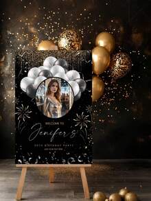 1张定制黑金生日海报，黑金生日欢迎牌，生日派对装饰（黑金），男女生日宴会，金黑气球，现代成人生日欢迎牌 - 彩色 - 查看 4