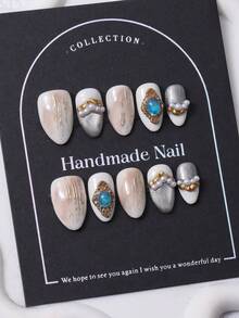 10片/套，欧美手工短杏仁形美甲贴纸，Y2K白色风格，3D手工金色蕾丝，手绘渐变设计，用于美甲装饰。包含1片果冻胶和1把指甲锉。非常适合日常使用，也适合科切拉音乐节派对等场合的装扮，是美甲贴片和美甲护理产品的理想之选。 - 白色 - 查看 1