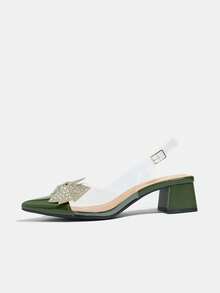 Women's Rhinestone Bow Decor Pointed Toe Transparent Chunky Heel Slingback Pumps, Elegant & Comfortable, Suitable For Party, Wedding, Banquet, Home Gathering In Spring, Summer, Autumn, Winter, Military Green PVC Transparent High Heels - Army Green - View 6