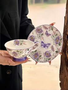 1 Set Chinese Style Purple Gerbera Ceramic Cup & Saucer, Luxury Elegant Coffee Cup, Water Cup, Tea Cup, Birthday Gift, Suitable For Restaurant, Living Room, Cafe, Gift Giving - Violet Purple - View 4