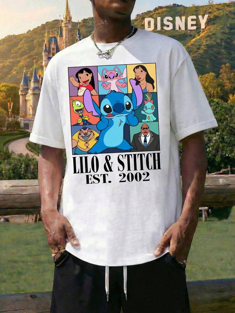 Men's White Crew Neck Short-Sleeved T-Shirt, Features Disney's Lilo And Stitch Lettering And A Stitch Graphic From Lilo & Stitch, Round Neck Casual And Comfortable T-Shirt, Breathable And Light, Suitable For Sports And Leisure Wear, Suitable For Gifts, Suitable For Parties. - 白色 - 查看 1