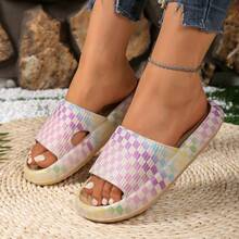 New Summer Fresh Gradient Checkerboard Print Platform Slides | Girlish Casual Non-Slip Sandals | EVA Lightweight Outdoor Beach Shoes | Multi-Color Versatile Women's & Men's Slides & Couple Slides - 卡其色 - 查看 2