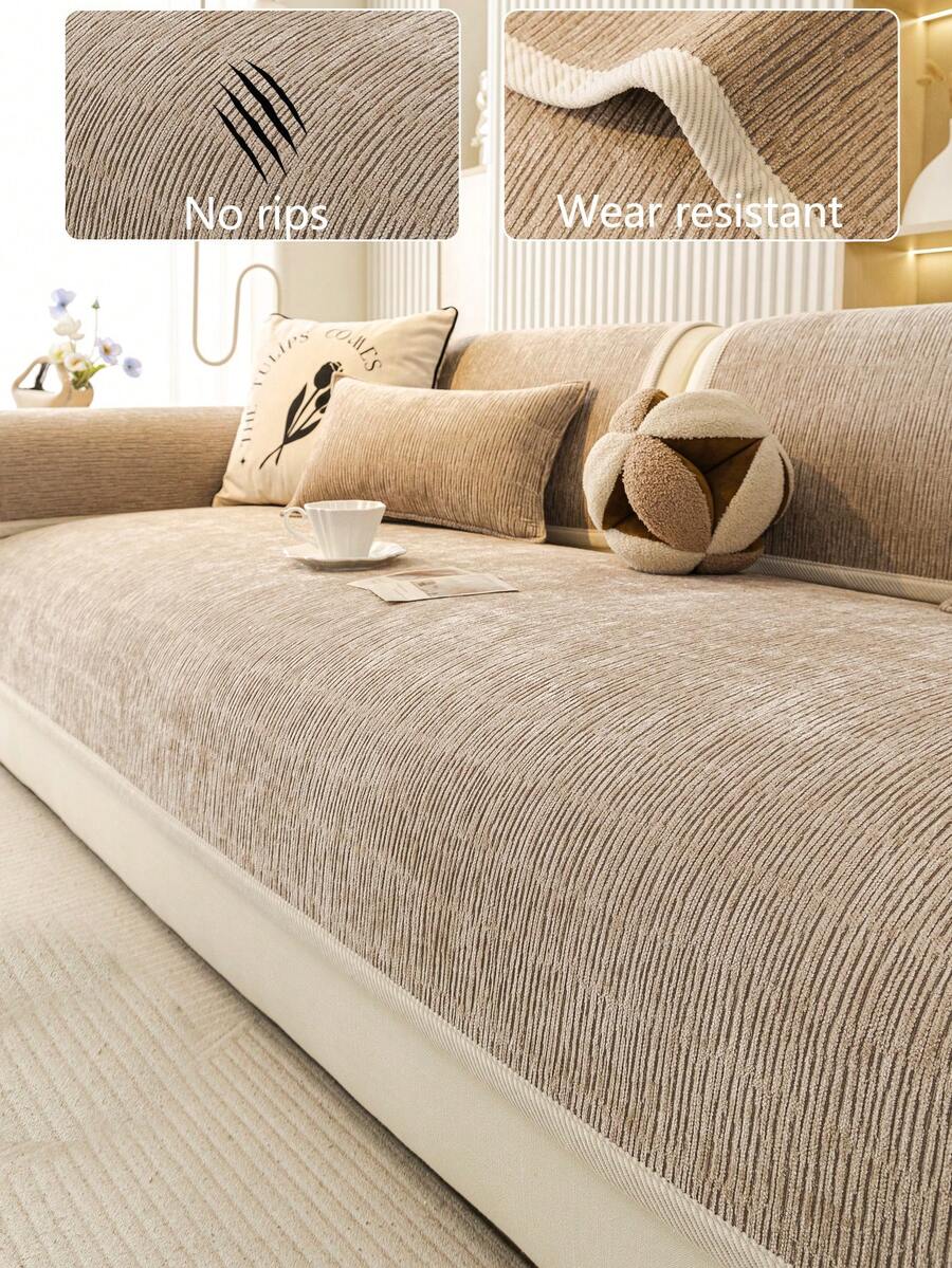 1件装柔软雪尼尔沙发垫套，四季通用沙发座垫保护套，现代简约防滑沙发垫，防尘可水洗沙发套，卡其色清新柔软，宠物友好，适用于L型沙发和1/2/3/4人沙发