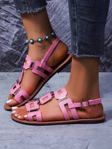 Women's Rivet Hollow-Out Comfortable Flat Sandals, Gladiator Sandals, Summer, Solid Color Bohemian PU Leather Rivet Buckle Flat Sandals For Beach - Pink - View 5