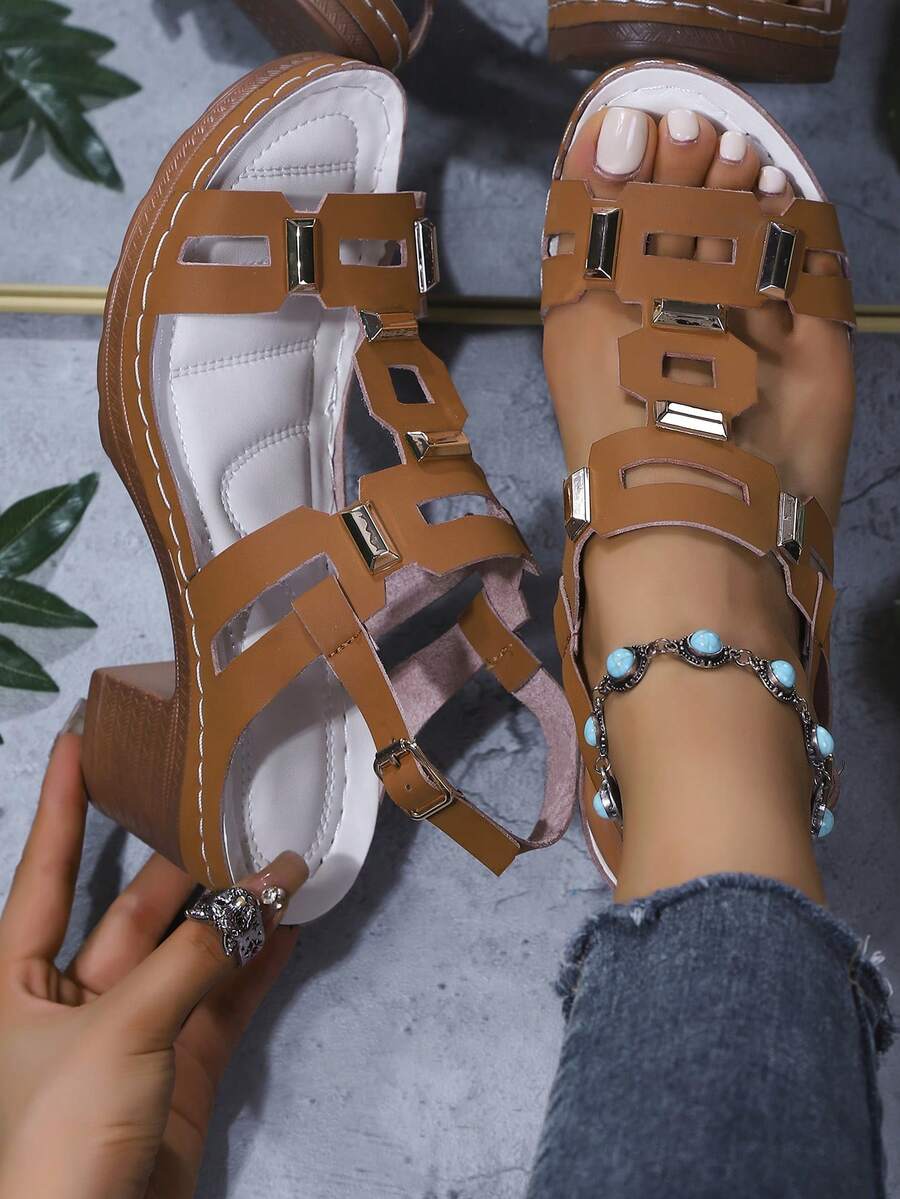 Giày sandal nữ đế dày khoét rỗng, màu trơn, phong cách Bohemian thanh lịch, thể thao, nghỉ dưỡng, tiên phong, thời trang thường ngày, gợi cảm, kiểu dáng hộp đêm, sandal cao gót có khóa cài, thích hợp cho hoạt động ngoài trời, ở nhà, văn phòng, khu nghỉ dưỡng, trường học, đám cưới, lễ hội, mùa hè. - màu nâu - Xem 1
