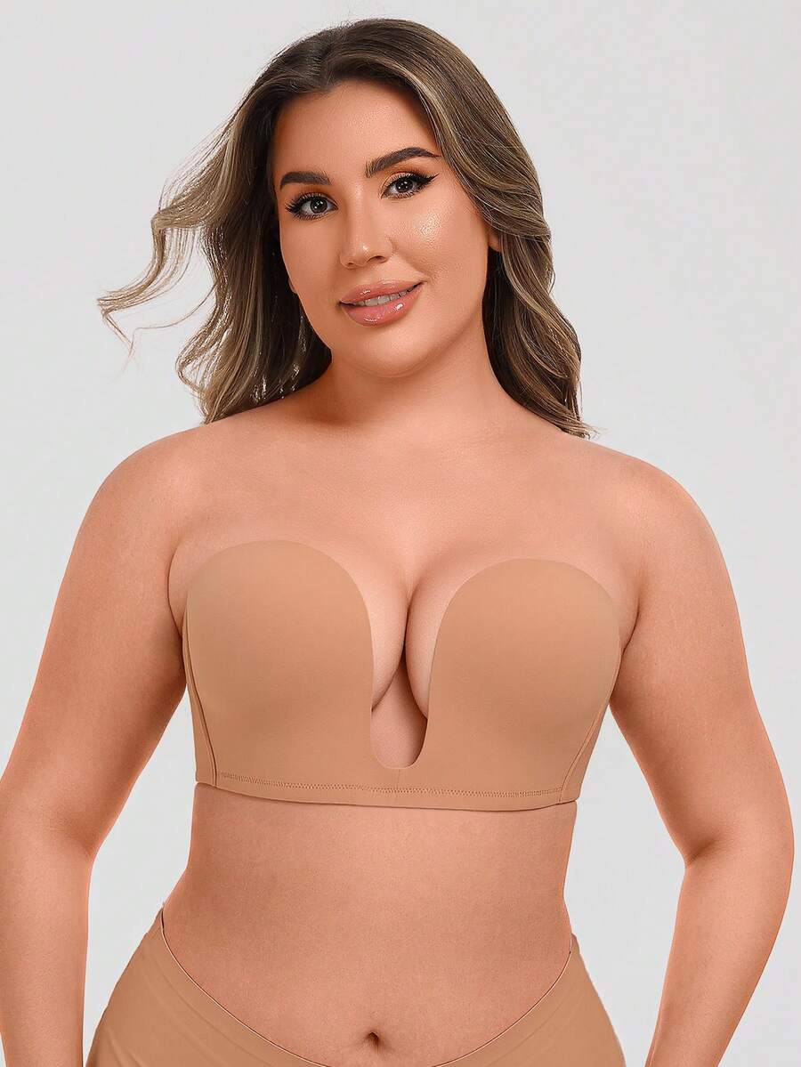 Wingslove Plus Size Women Deep V Strapless Bra - Multifunctional Lift & Gather Wireless Bra With Convertible And Adjustable Straps - Camel - View 1
