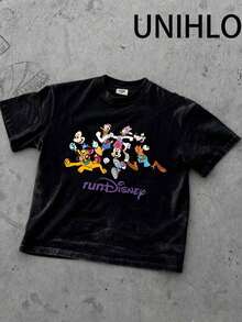 Disneyland Racetrack  Printed Summer Heavyweight Retro Washed Street Fashion Casual T-Shirt - Black - View 6
