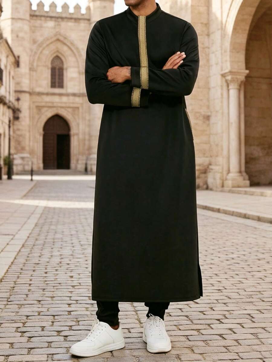 Kamisweat Muslim Men's Hooded Robe, Prayer Garment, Metal Decor Ribbon, Front Zipper, Side Pockets, Side Slits, Comfortable Long Dress For Vacation - Black - View 1