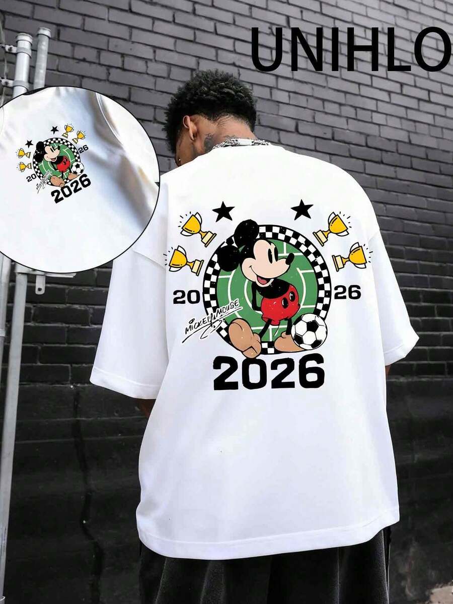 Disney 2026 Mickey Racing Print  Summer Casual Versatile Pure Cotton T-Shirt Suitable For Any Place - 白色 - 查看 1