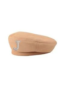 1顶女士纯色贝雷帽，饰有26颗珍珠字母，时尚休闲复古优雅可调节帽款，适合春秋季节，简约日常街头风，节日礼物 - 棕色 - 查看 8