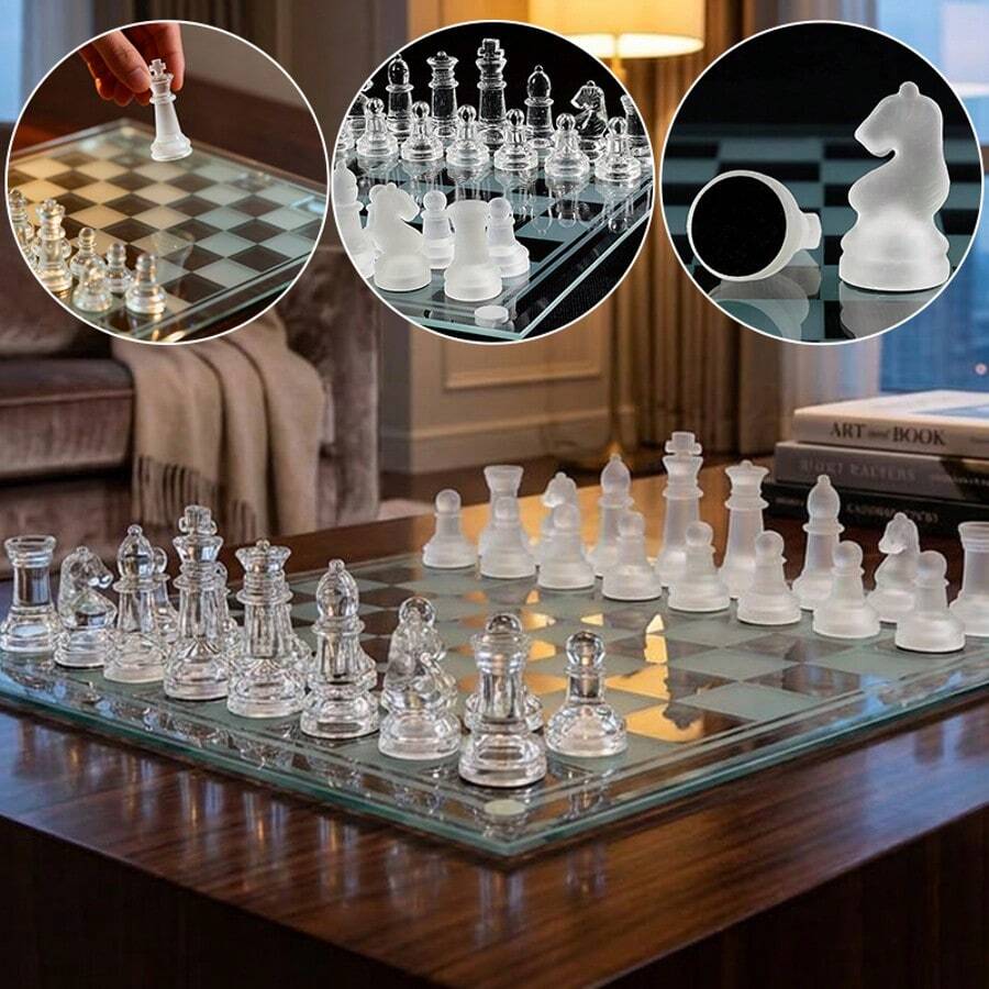 GLASS CHESS SET TRADITIONAL COMPLETE BOARD GAME 32 FROSTED PIECES 25CMx25CM NEW - Clear - View 1