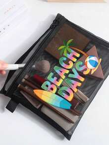 Bolsa de maquillaje de malla de moda, bolsa de malla con estampado de "DÍAS DE PLAYA", bolsa de playa de malla, bolsa de cosméticos de malla, bolsa de playa plegable de gran capacidad impermeable y a prueba de arena, bolsa de regalo personalizada, bolsa de maquillaje, bolsa de almacenamiento de viaje, adecuada para bodas, vacaciones y uso diario, es un regalo de cumpleaños personalizado para mujeres, madres, maestras, amigas, damas de honor, regreso a la escuela, regalo de Pascua - Multicolor - Ver 2