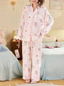 Gongdie Disney 迪士尼玛丽猫2026长袖睡衣套装（两件套），女士纯棉卡通睡衣 - 粉色 - 查看 8