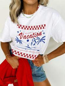 Top de verano MOOSGOP - Estilo bohemio de playa y vacaciones / Casual / Versátil / Cómodo / Ropa de estar en casa - Estampado en inglés de árbol de coco y tabla de surf / Diseño de marca de agua - Camiseta de manga corta, cuello redondo y hombros caídos de corte holgado - Ropa de playa para mujer Blanco - Blanco - Ver 3