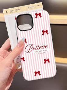 1 pieza Funda de teléfono con película brillante de 2 en 1 con patrón de lema inspirador, lazo y rayas femeninas y refrescantes, compatible con Samsung/ 11/12/13/14/15/16/17 Pro Max - Multicolor - Ver 3