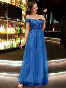 CHOSMO 优雅纯色针织面料露背网眼亮片拼接女式连衣裙，适合舞会、晚礼服、正式场合、婚礼、派对、周年纪念、毕业典礼、节日、正式晚宴、摄影、联欢晚会、音乐会 - 藍色 - 查看 3