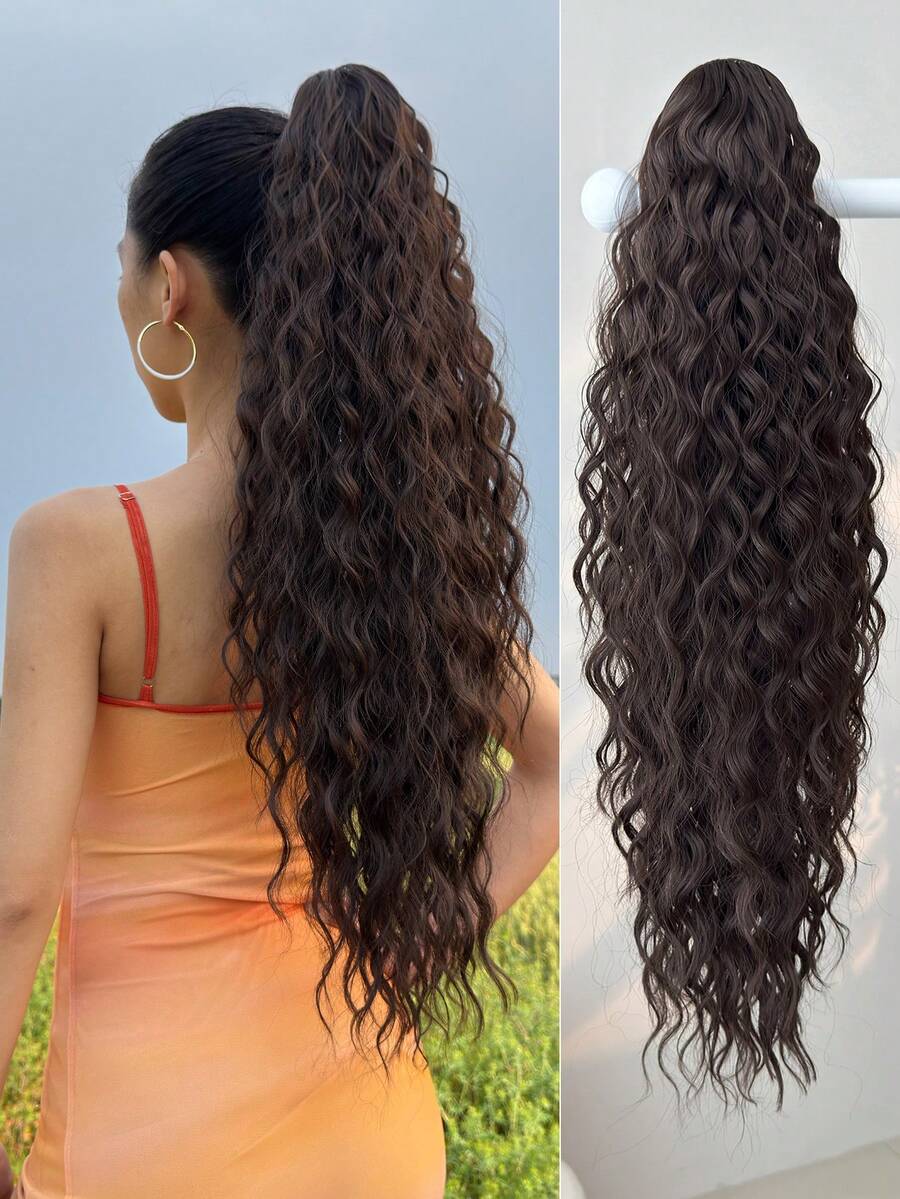 黑色26英寸长波浪卷发，带尾部延长抽绳夹式假发，采用耐热合成纤维制成，适合女性参加派对和日常佩戴。