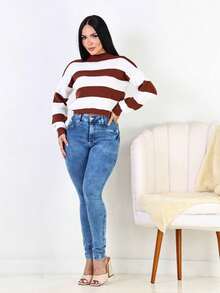 Women's Striped High Neck Knit Sweater, Winter Blouse - 鏽棕色 - 查看 3