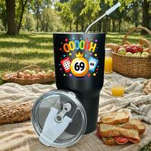 30oz Stainless Steel Tumbler Black White Options,  Colorful Numbers Ball Crown Cards Dice Graphic Cups, Insulated Travel Coffee Mug With Lid And Straw , Double Wall Vacuum Reusable Travel Cups, Funny Birthday Party Gift For Women & Men - 黑色 - 查看 1