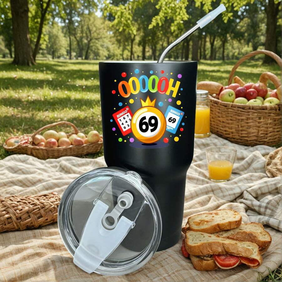30oz Stainless Steel Tumbler Black White Options, Colorful Numbers Ball Crown Cards Dice Graphic Cups, Insulated Travel Coffee Mug With Lid And Straw , Double Wall Vacuum Reusable Travel Cups, Funny Birthday Party Gift For Women & Men - 黑色 - 查看 1